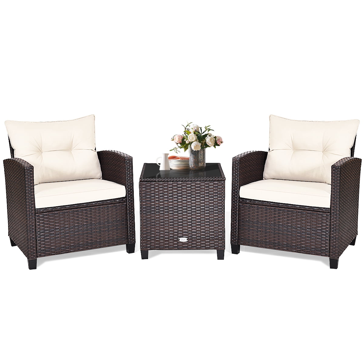 Patiojoy 3PCS Wicker Cushioned Conversation Set Outdoor Rattan Furniture w/Off White Cushions