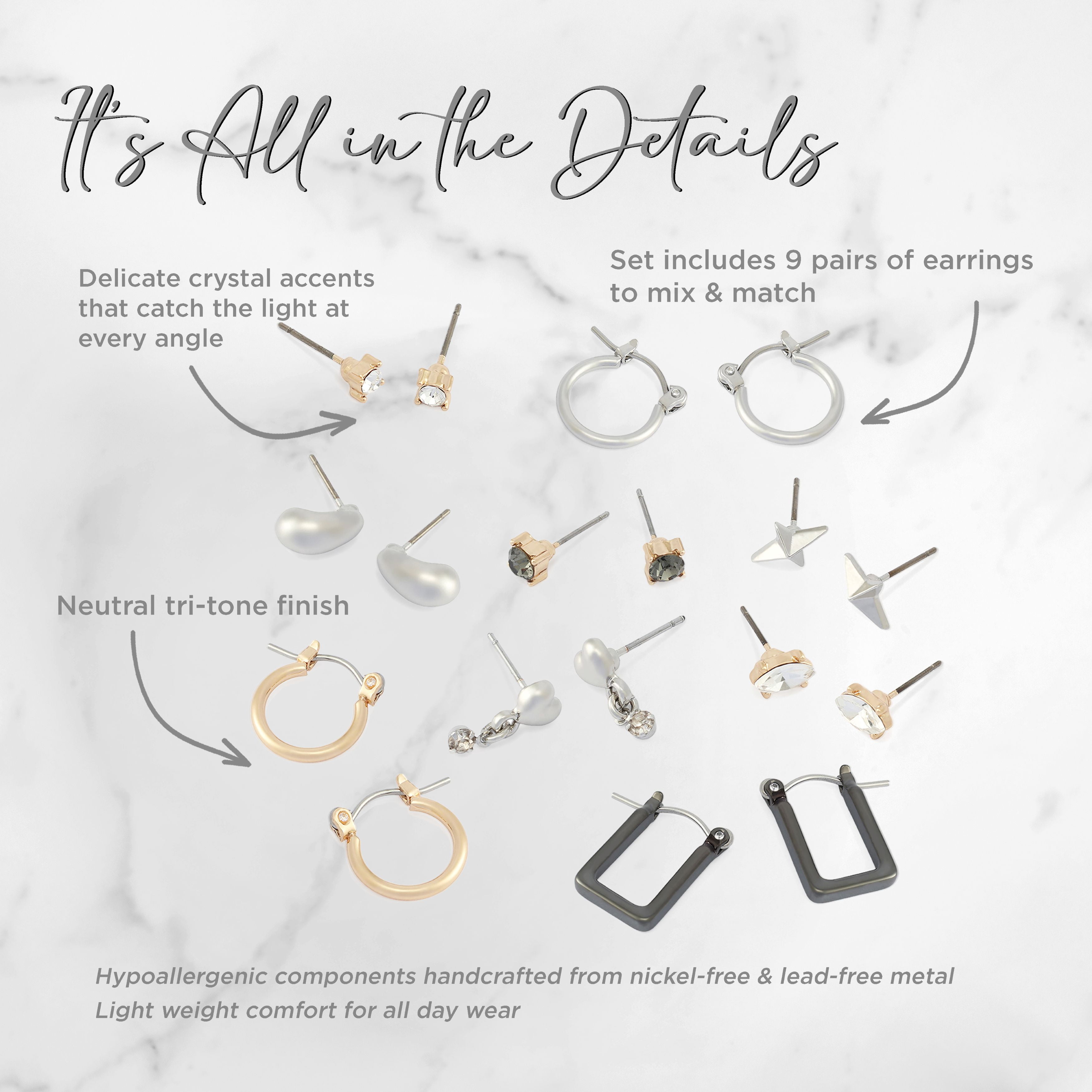 Madden NYC Women's Fashion Crystal Heart Stud & Hoop Earring 9-Piece Set