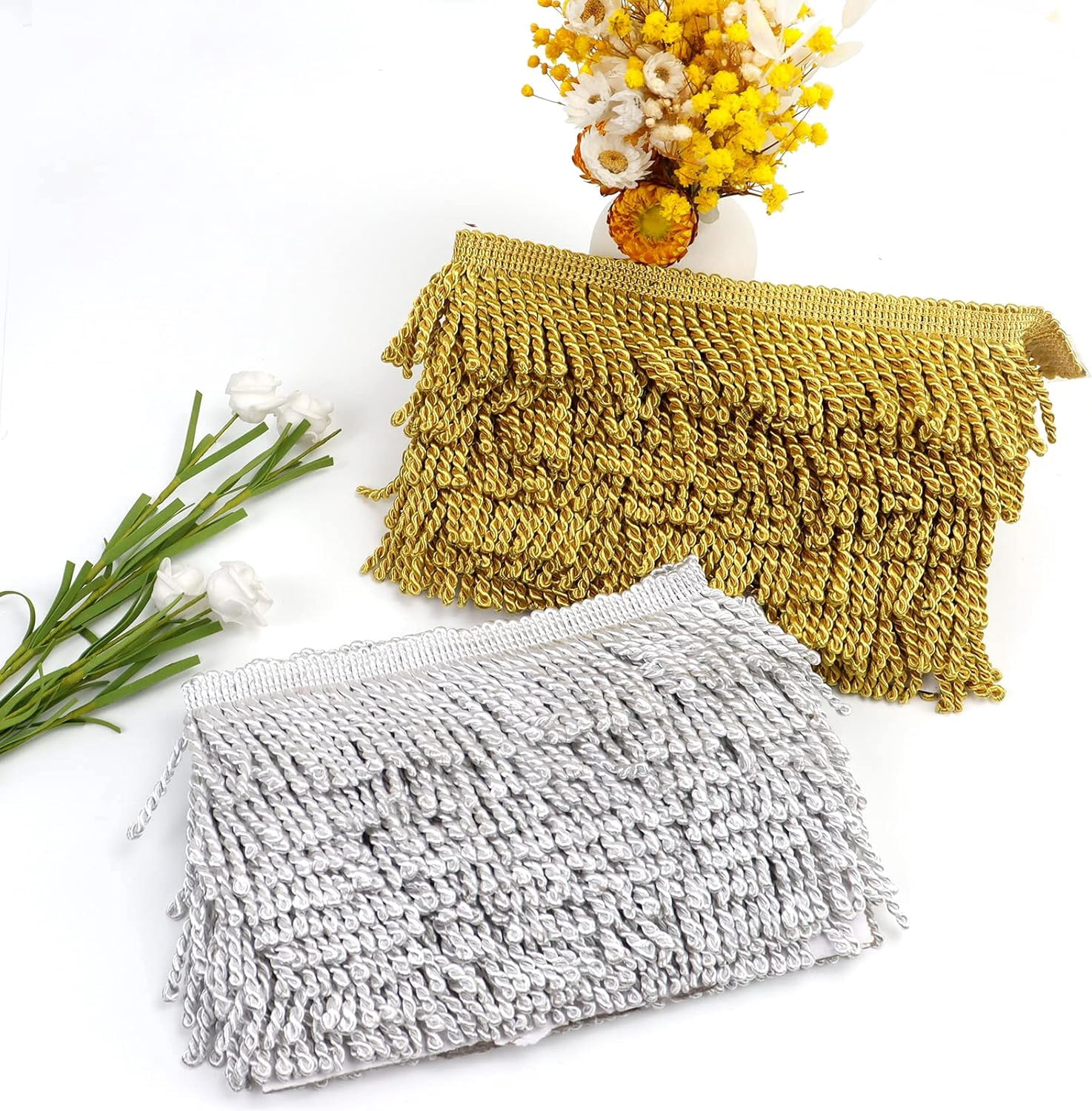 QIUYI Curtain Fringes Bullion Fringe Trim 2.5 inches x 14 Yards Tassel Fabric Trims Lace Cotton Polyester Fibre for Crafts Macrame Curtains Lamp Shade Couch Sofa Home Decor Wedding Decorations
