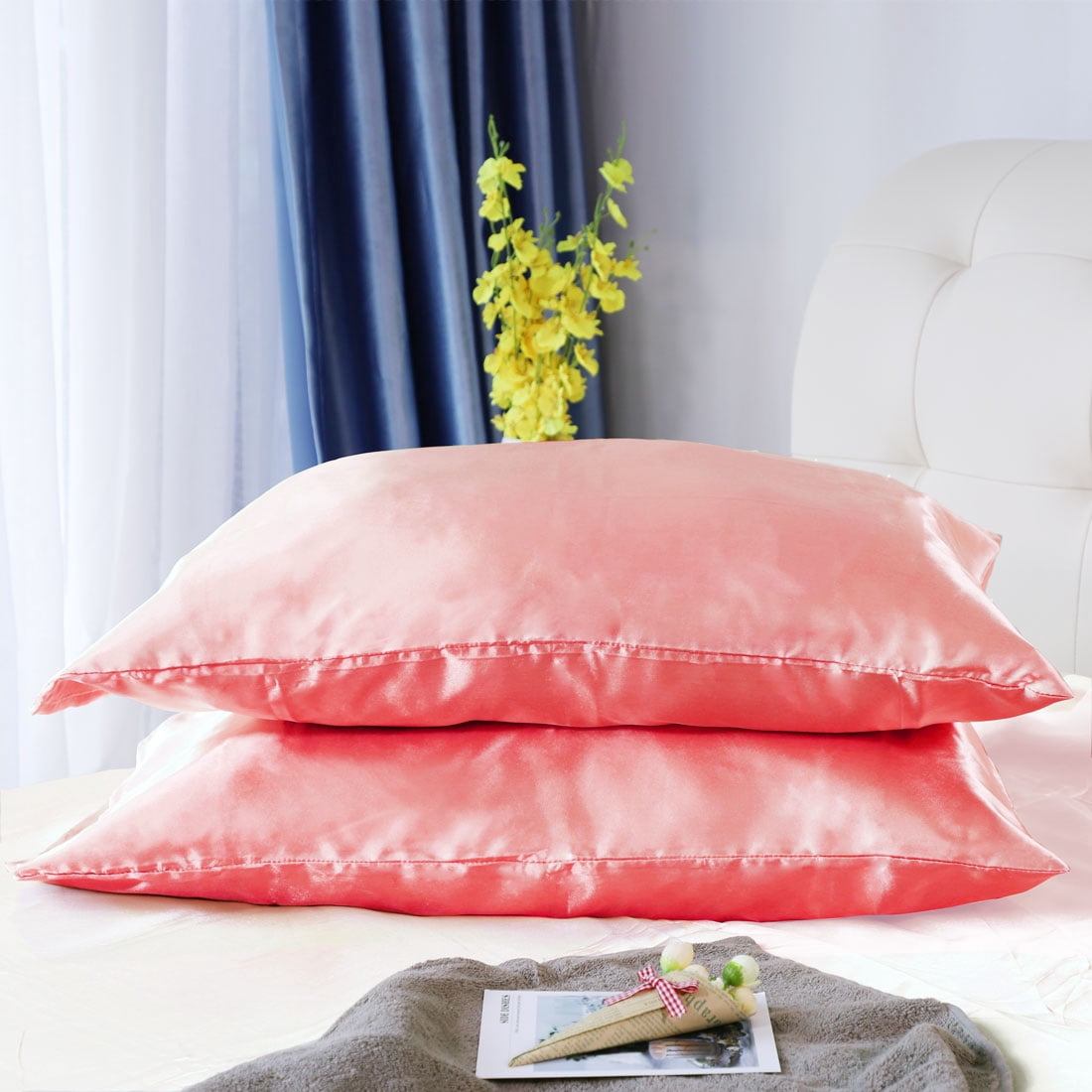 Unique Bargains Satin Duvet Cover Set of 3 with 2 Pillowcase King Pink