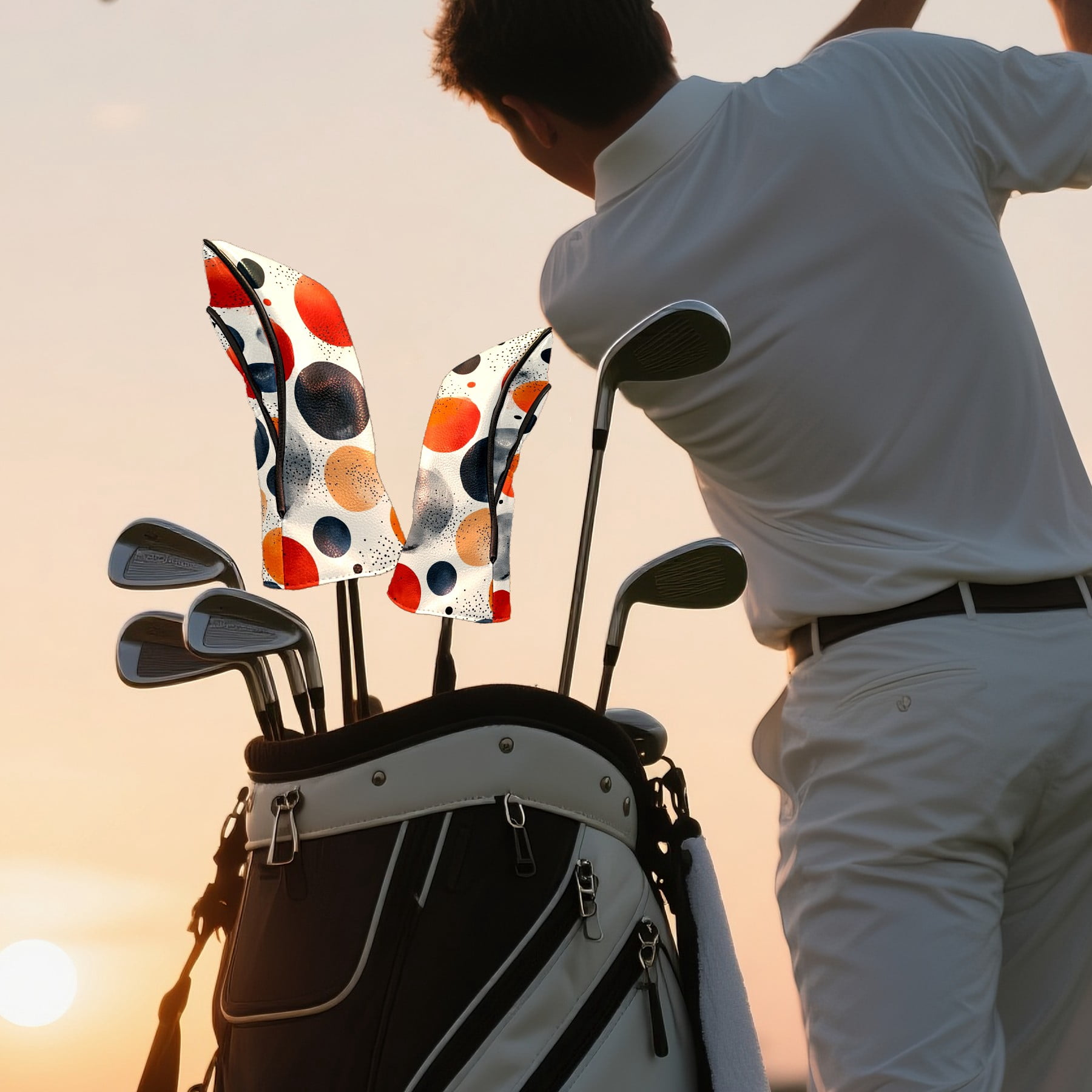 Golf Head Covers Circle Pattern Design for Driver, Wood & Hybrid, Premium Waterproof PU Leather with Plush Lining, Unique Abstract Golf Gifts