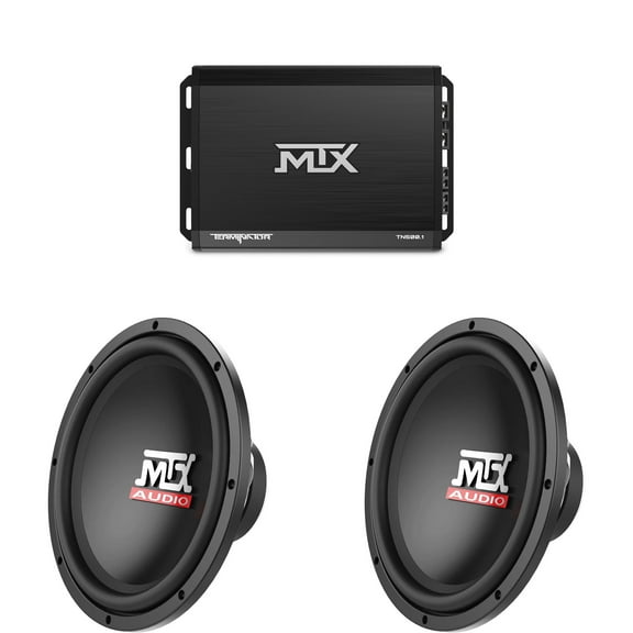 MTX TERMINATOR 500-Watt RMS 2Ω Mono Block Class D Amplifier and Two MTX Audio TN12-04 Terminator 12" 200W RMS 4-Ohm Subwoofer