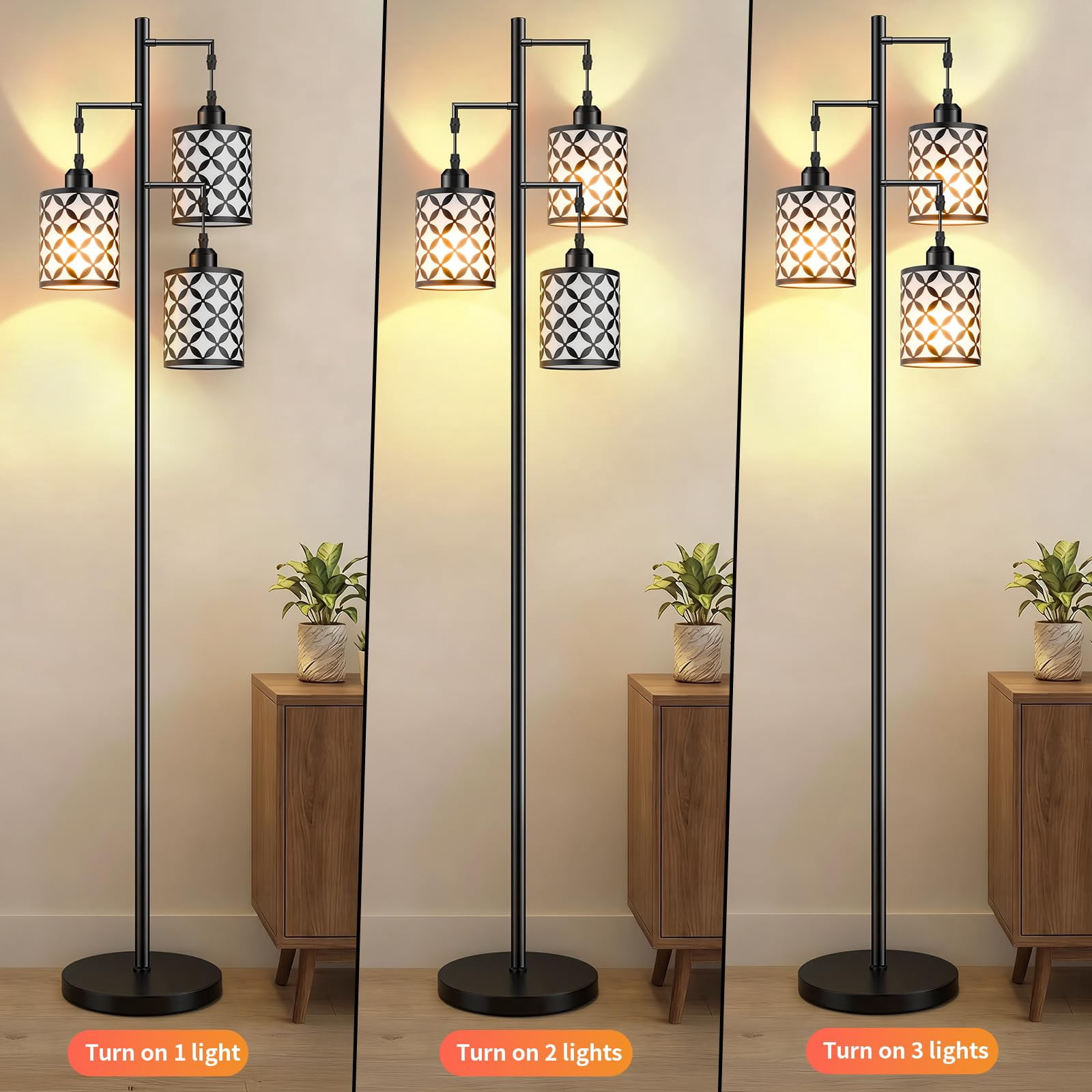 72" Dimmable Floor Lamp with Remote, 3 LED Bulbs Included, Industrial Tree Pole for Living Room