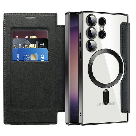 ELEHOLD Flip Wallet Case for Samsung Galaxy S24 Ultra with Transparent Clear Back RFID Card Holders Magnetic Closure Mag Safe Compatible Shockproof Anti-Scratches Case for Galaxy S24 Ultra,Black