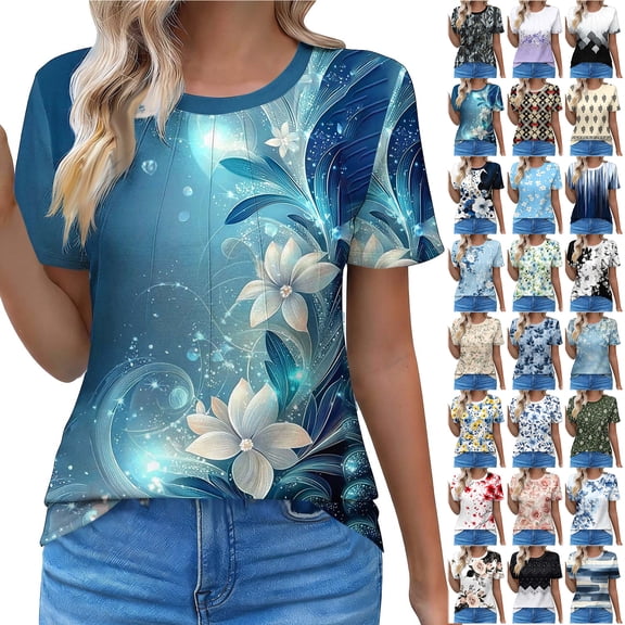 JTZGDY Womens T Shirts Short Sleeve Tops Boho Floral Printed Casual Pleated Front Tunic Blouses Flowy Dressy Crew Neck Summer Outfits Light Blue#02 M