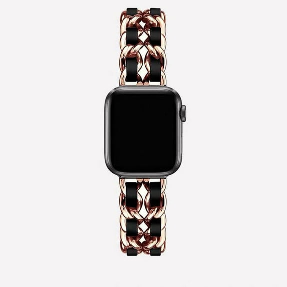 Band Strap for Apple Watch 42mm 44mm, Women Luxury Style Chain Leather Replacement Wristband Compatible for iWatch Apple Watch Series 6 5 4 3 2 1 SE (Black with Rose Gold Chain)