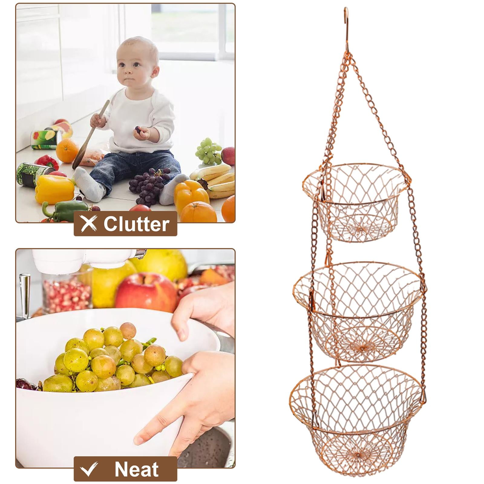 Hanging Basket Kitchen Heavy Duty Wire Fruit Organizer with Metal Ceiling Copper