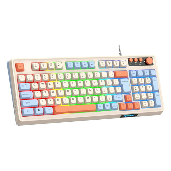 98 Key Game Keyboard with Three Spelling Colors, Colorful Neon LED Backlight Ultra Compact USB Wired Keyboard, Suitable for Mac/Win System Laptops, PC Gamers
