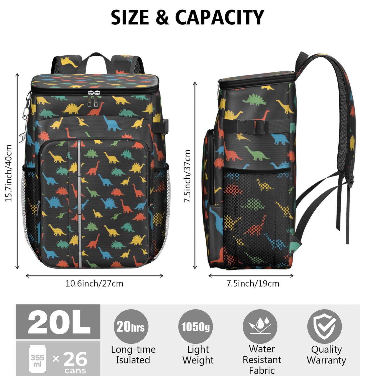 Travel Cooler Bag - Colorful Dinosaurs Pattern Camping Beer Cooler Backpack with Bottle Opener- Waterproof Insulated Picnic Backpacks - Cooler Bag for Beach