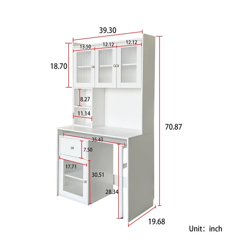Computer Desk with Hutch and Glass Doors, Office Desk with 90 Degree Rotating Desktop, Writing Table Large Workstation with Bookshelf and 1 Drawer