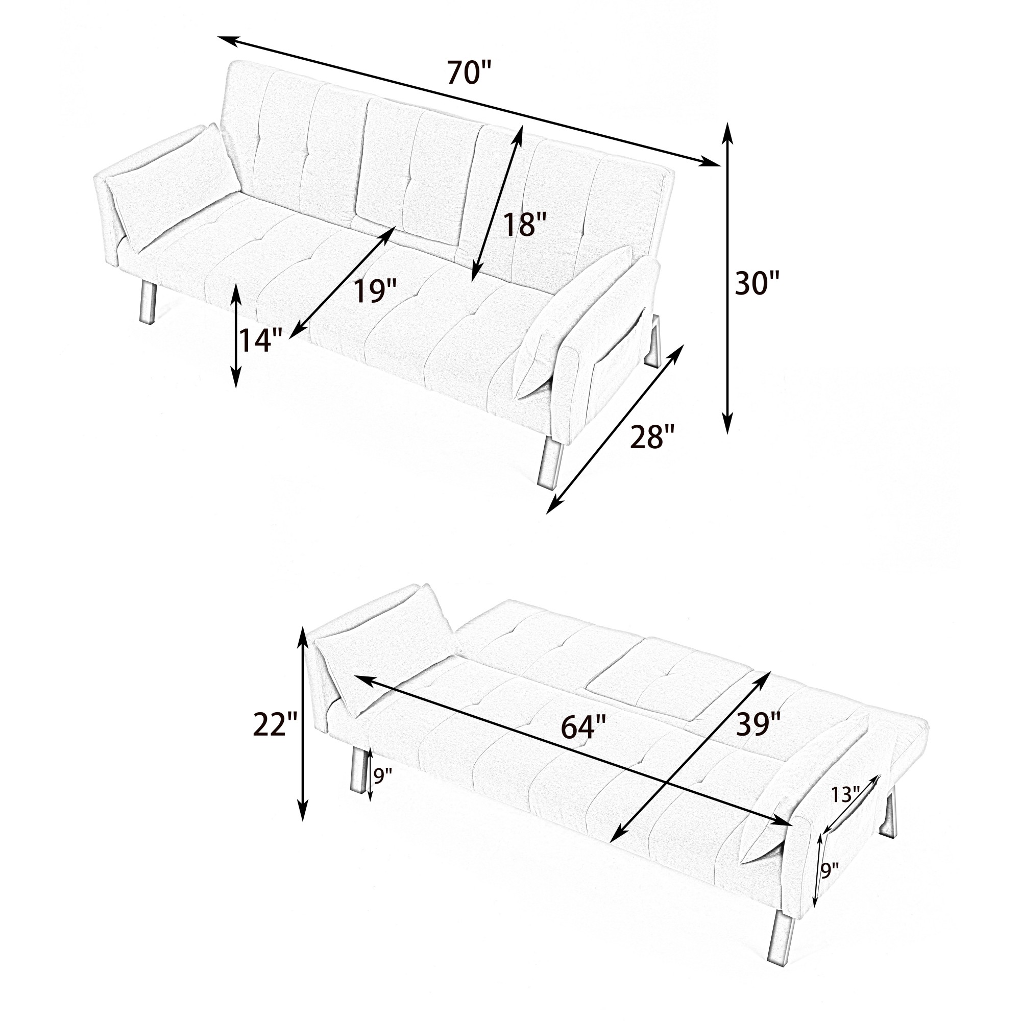 70 inch Futon Sofa Bed Cotton Linen Sofa Couch Convertible Folding Recliner with 2 Cup Holders,Side Storage for Living Room,Green