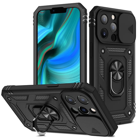 iPhone 13 Pro Max Case , Techcircle Slim Heavy Duty Rugged Hybird Shockproof Anti-Slip Magnetic Ring Stand Slide Len Protective Phone Case for Apple iPhone 13 Pro Max, D