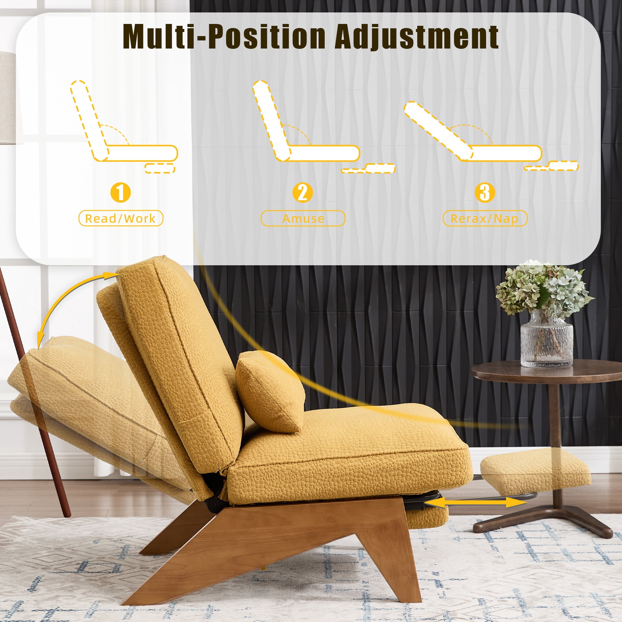 Homefun Modern Adjustable Lounge Chair with Footrest,Wooden Base Upholstered Recliner for Reading Rest Circle Fleece