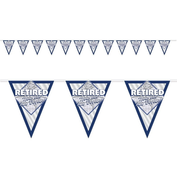 Party Central Club Pack of 12 Blue and White 'Retired Now the Fun Begins' Pennant Banners 12'