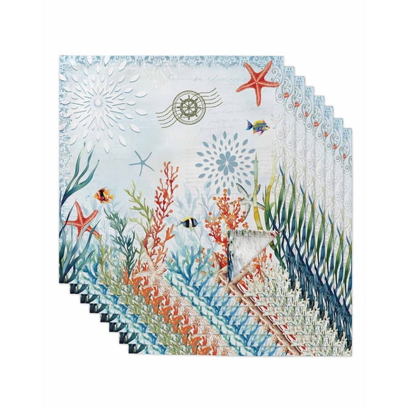 Cloth Napkins Set of 8 - 20x20 Inches, Coastal Blue Washable Reusable Table Napkins, Ocean Coral Starfish Shell Nautical Seagrass Soft & Absortbent Dining Napkin for Party Wedding Hotel Restaurant