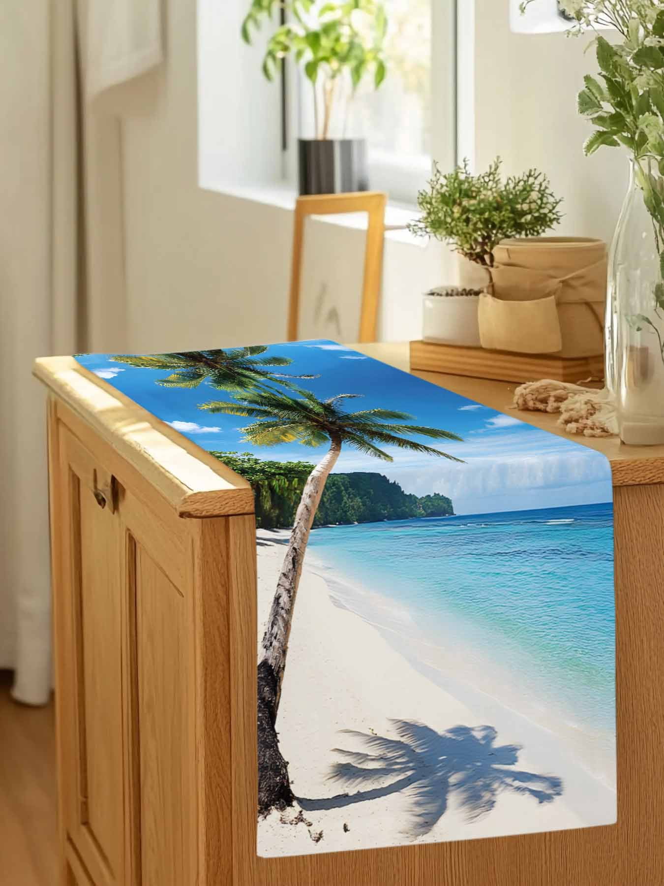 Summer Beach Coconut Tree Table Runner 90 Inches Long, Blue Ocean Sky Table Runners Tabletop Scarf Kitchen Dining Tables Decoration for Home Party Indoor Outdoor