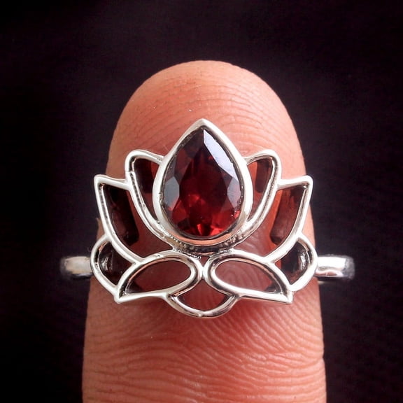 Garnet Lotus Ring Solid 925 Sterling Silver January Birthstone Jewelry Handmade Ring