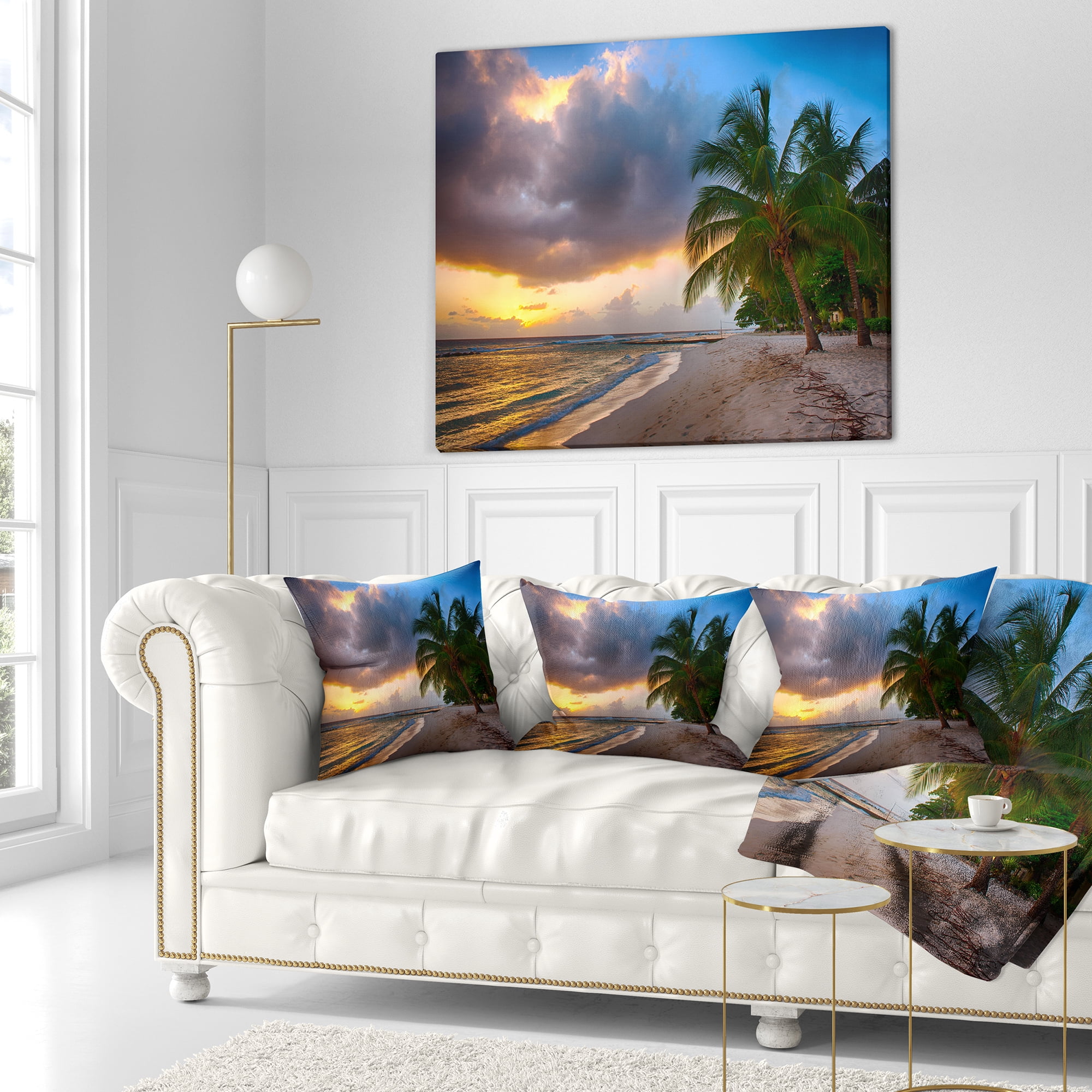 Designart Beautiful Beach with Palms in Barbados - Modern Seascape Throw Pillow - 18x18