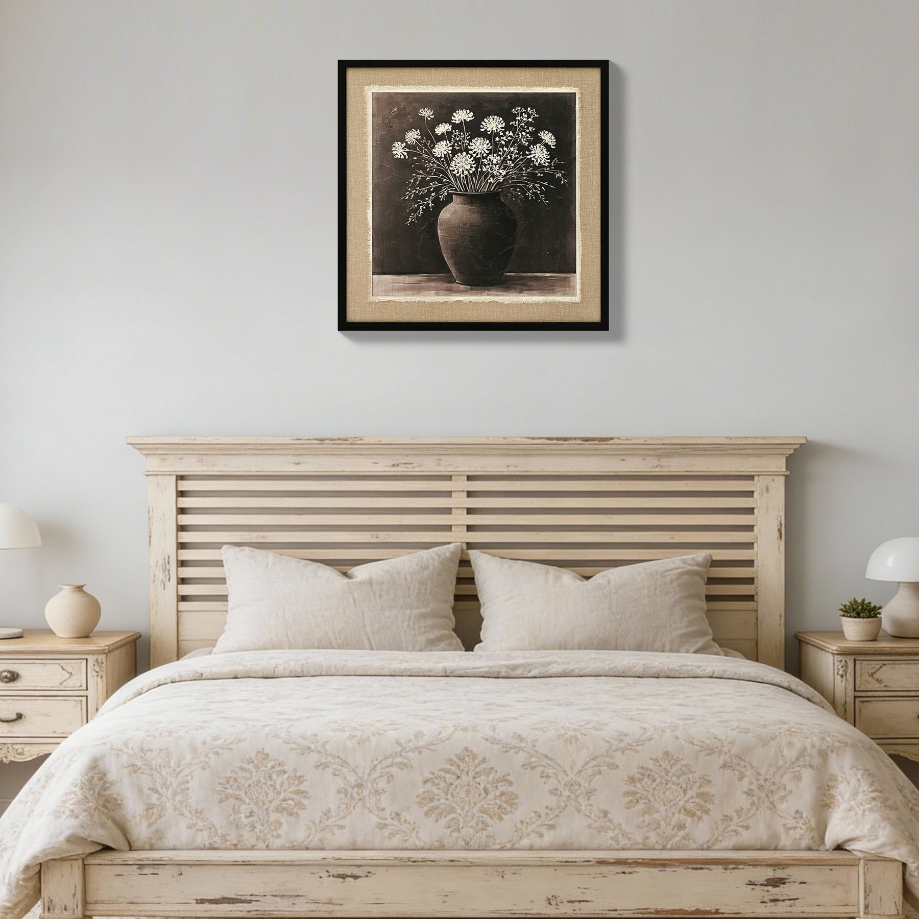 MOONMISS ARTISTIC PATH White Flower Clay Pot Painting Abstract Linen Canvas Wall Art 24x24 Bedroom
