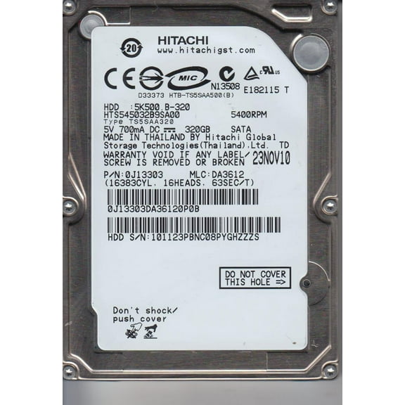 HTS545032B9SA00, PN 0J13303, MLC DA3612, Hitachi 320GB SATA 2.5 Hard Drive