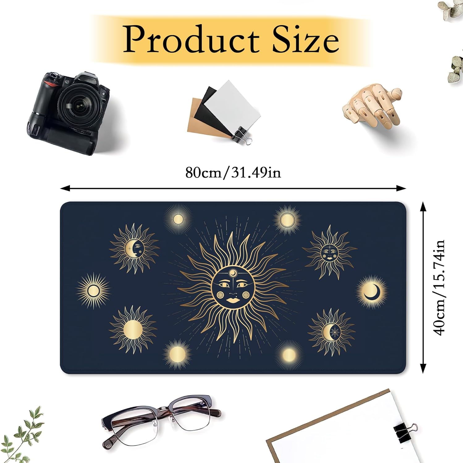 Gold Sun Star Moon Desk Mat,Large Gaming Mouse Pad,Non-Slip Rubber Base Mousepad with Stitched Edges,Waterproof Mouse Mat Desk Pad for Work, Game, Office (31.5x15.7 in)
