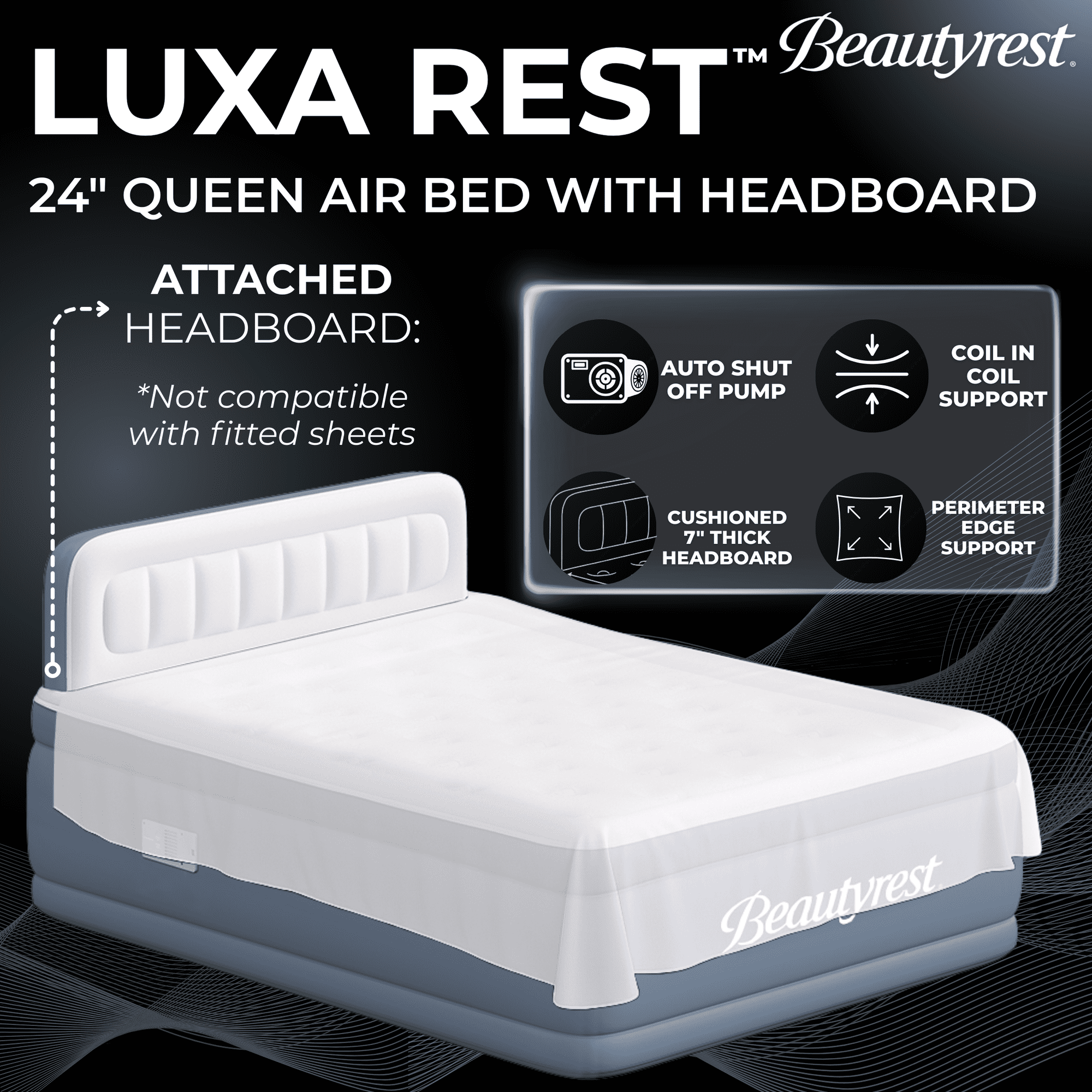 Beautyrest Headboard Luxa Rest 24" Queen Size Raised Air Mattress with Built-in Pump