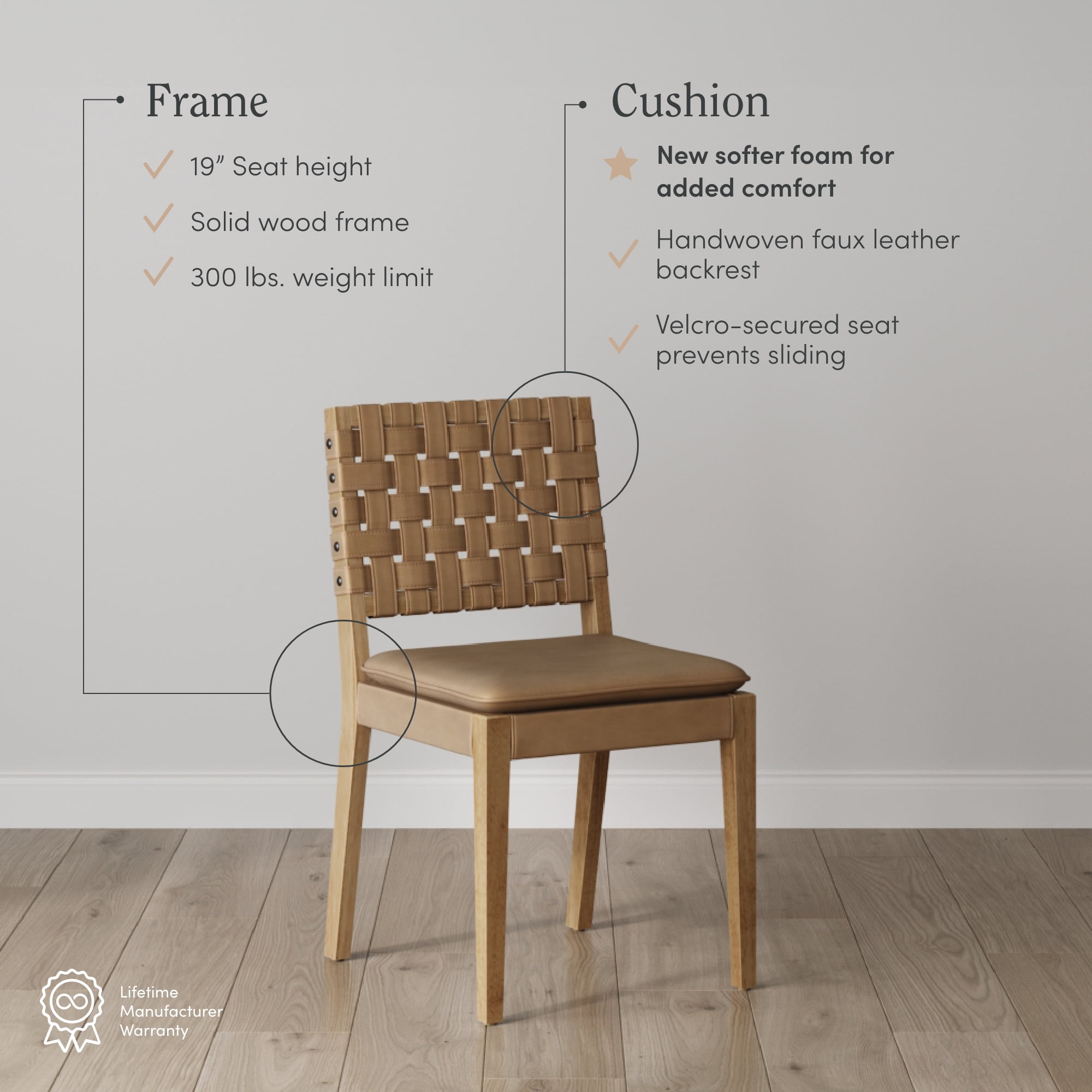 Nathan James Cohen 19 in. Wood Dining Chair, Mid-Century Modern Upholstered Side Chair with Hand Woven Faux Leather Backrest, Natural Brown