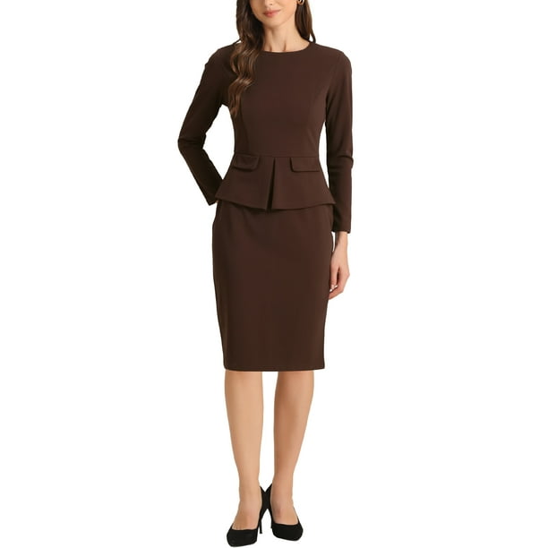 Vestido de trabajo ajustado de peplum para mujer INSPIRE CHIC, cuello redondo, de manga larga, cintura alta, midi, color marrón oscuro, talla XS