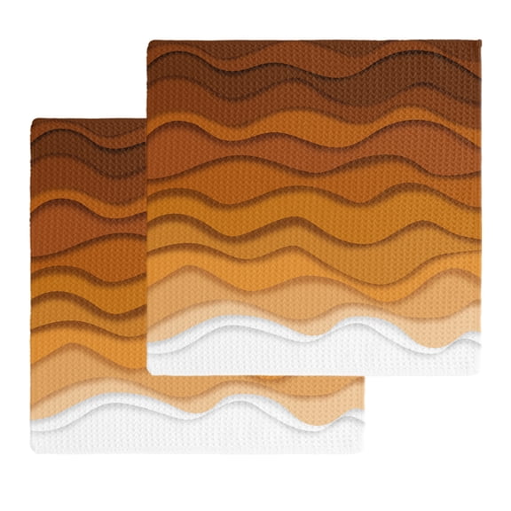 Orange Ombre Stripes Kitchen Dish Towels for Drying Dishes Set of 2, Farmhouse Retro Abstract Waves Art Waffle Weave Microfiber Hand Tea Bathroom Towels Quick Dry & Absorbent Towel 12x12