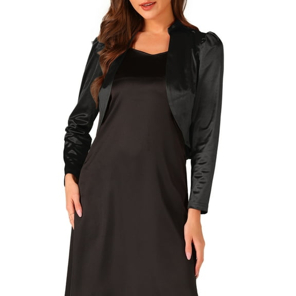 INSPIRE CHIC Satin Bolero Shrugs for Women's Open Front Ruched Long Sleeves Cropped Shrug XS Black