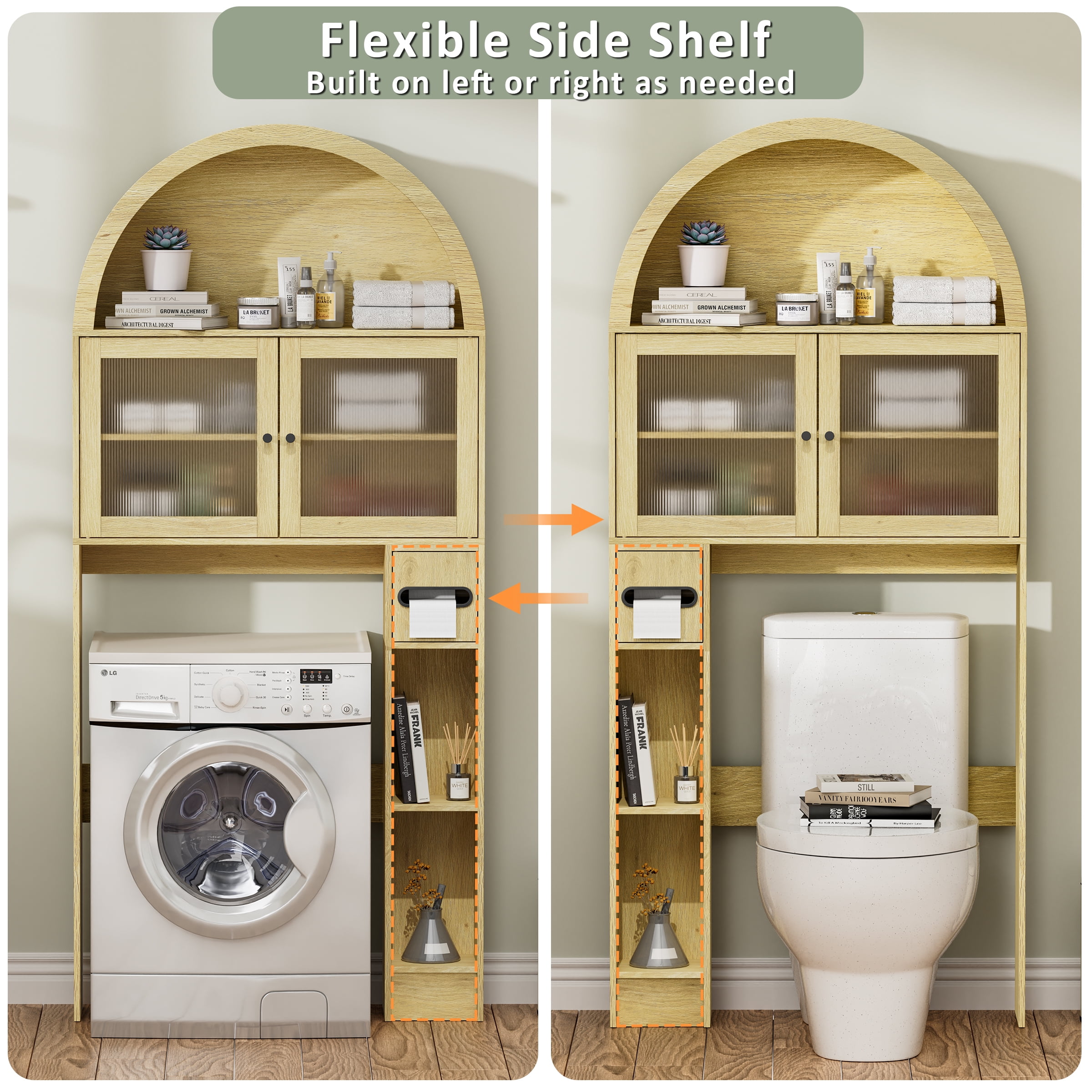 Over The Toilet Storage Cabinet, Over Toilet Cabinet 3-Tier Adjustable Shelves with Acrylic Doors, Freestanding Bathroom Organizer for Toiletries & Towels, Modern Arched Design Oak Wood