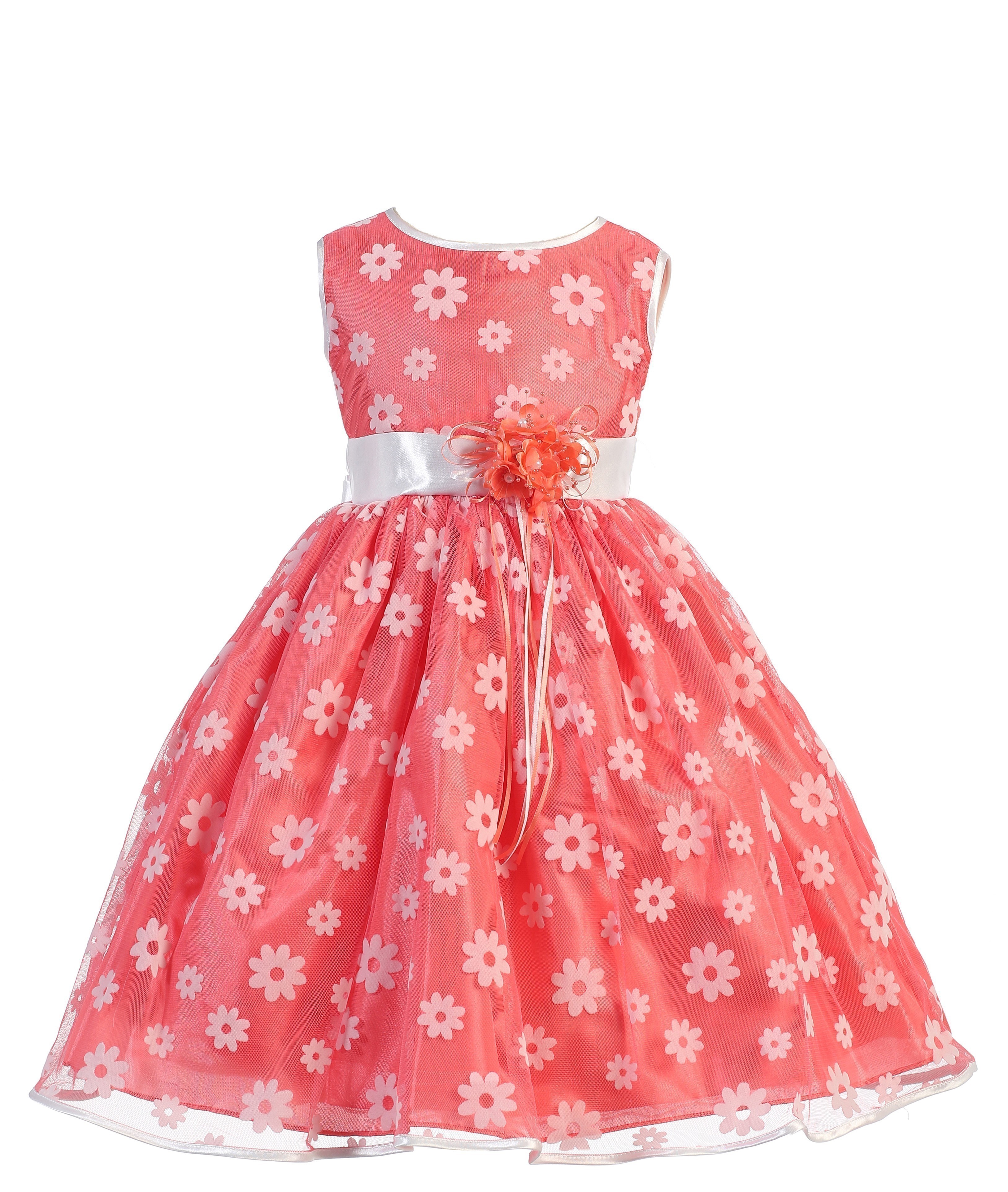 BOne Girls Coral Daisy Mesh Sleeveless Flower Sash Special Occasion