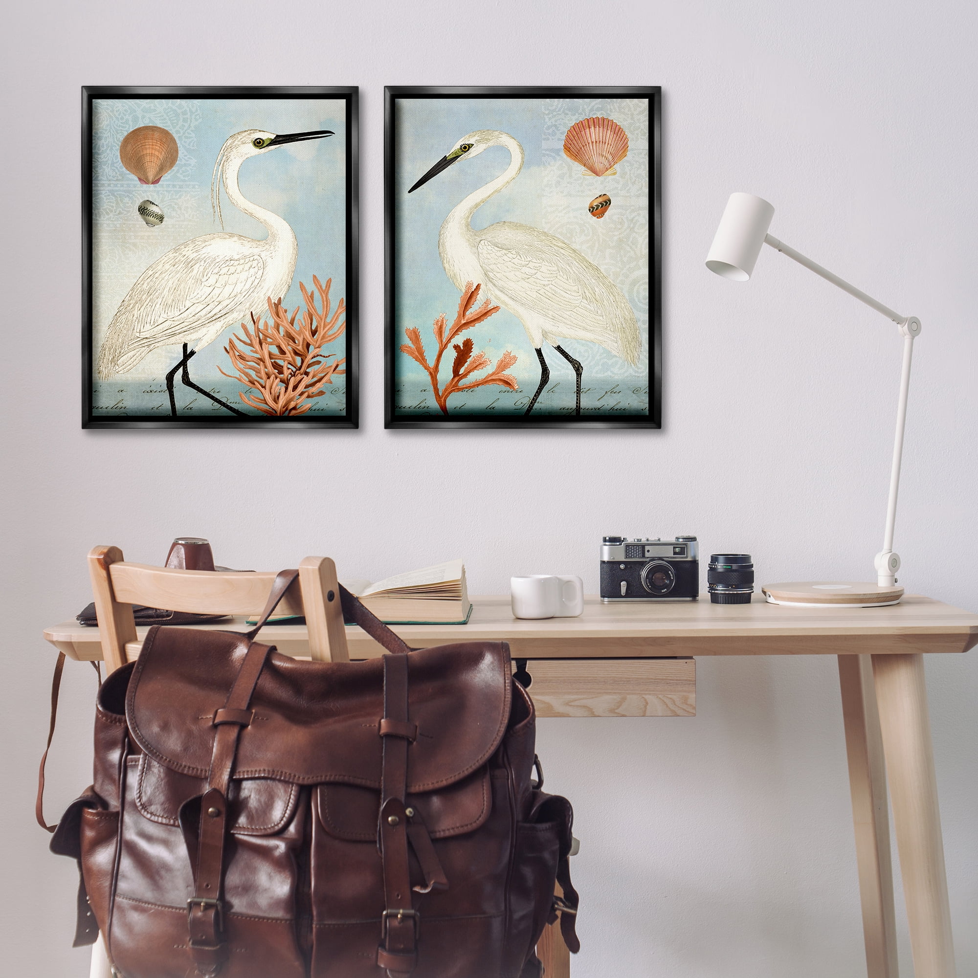 Stupell Industries Beach Items Shell Heron Egret Animals Painting Black Floater Framed Canvas Art Print Wall Art, 31 x 25, Set of 2