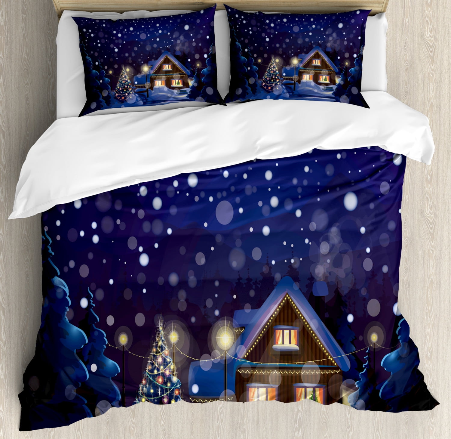 Christmas Duvet Cover Set, Winter Night Country Landscape with Little House Among Pine Trees and 