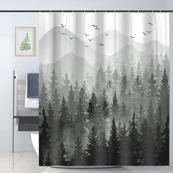 Misty Forest Shower Curtain Set Nature Tree Mountain Woodland Decorative Bathroom Bath Curtain Decor 72" x 72" with 12 Hooks