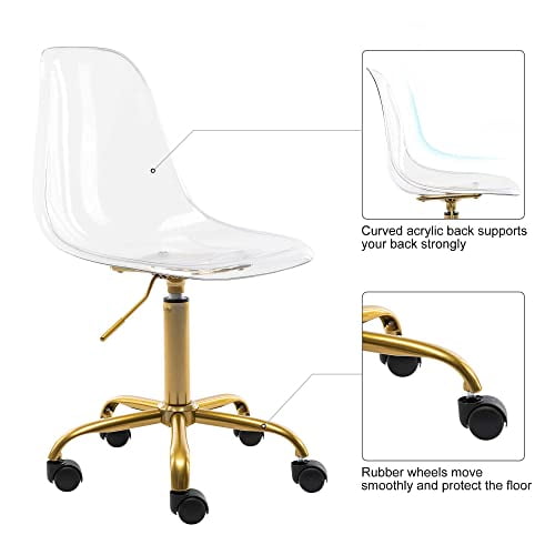 HOMEFUN Clear Desk Chair Armless Acrylic Desk Chair with Golden Feet Swivel Molded Plastic Vanity Chair Adjustable Home Office Chair with Wheels