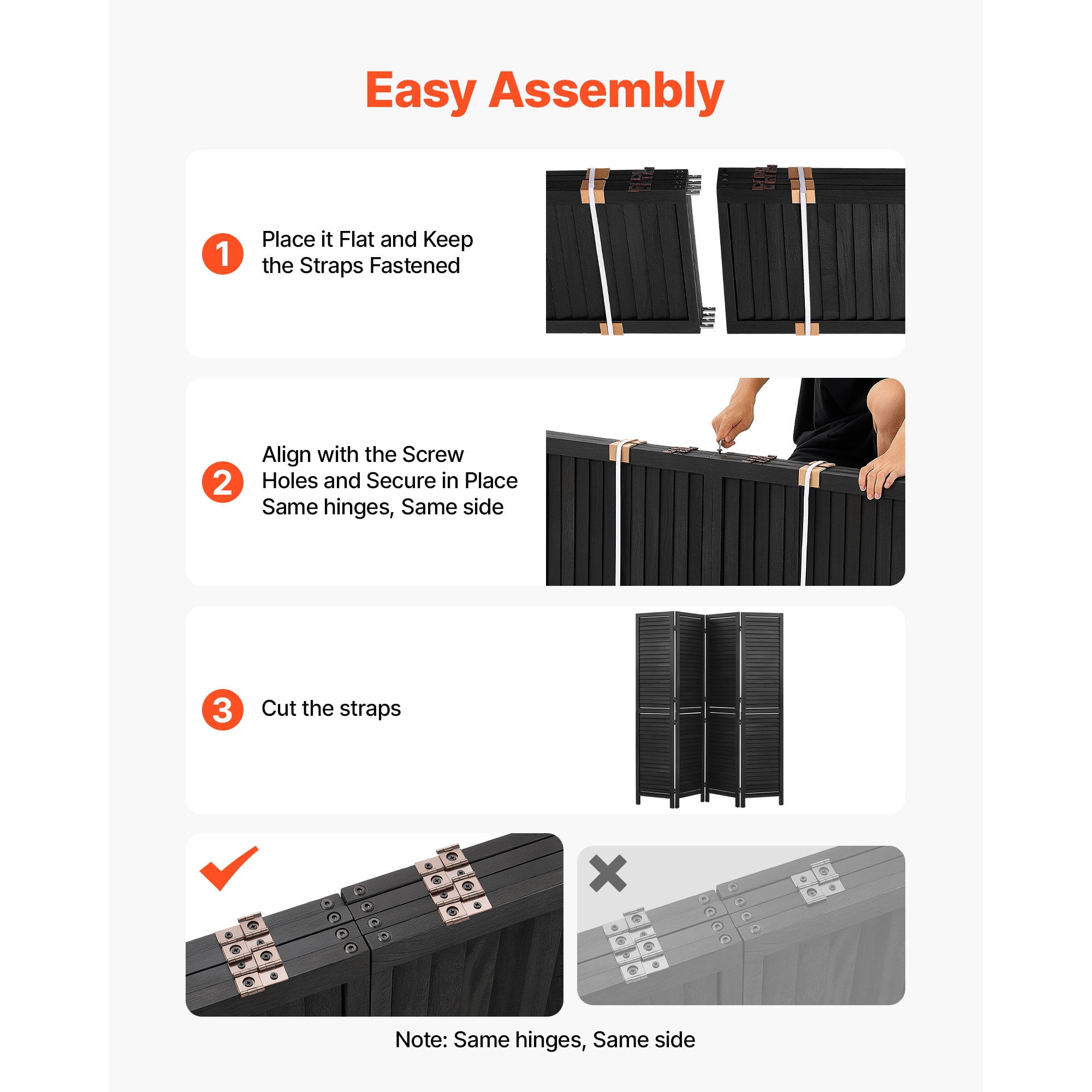 KFFKFF Wood Room Divider with 4 Panels, 67-Inch Folding Privacy Screen in Black, Ideal for Room Separation and Home Decoration, Durable Frame, 360° Two-Way Hinges, Simple Assembly