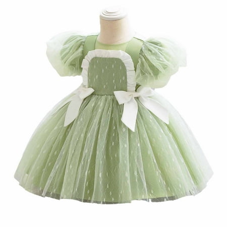 

Lovskoo 6M-3T Girls Tulle Dress Puff Shoulder Long A Line Wedding Pageant Dresses Princess Wedding Ball Gown Green