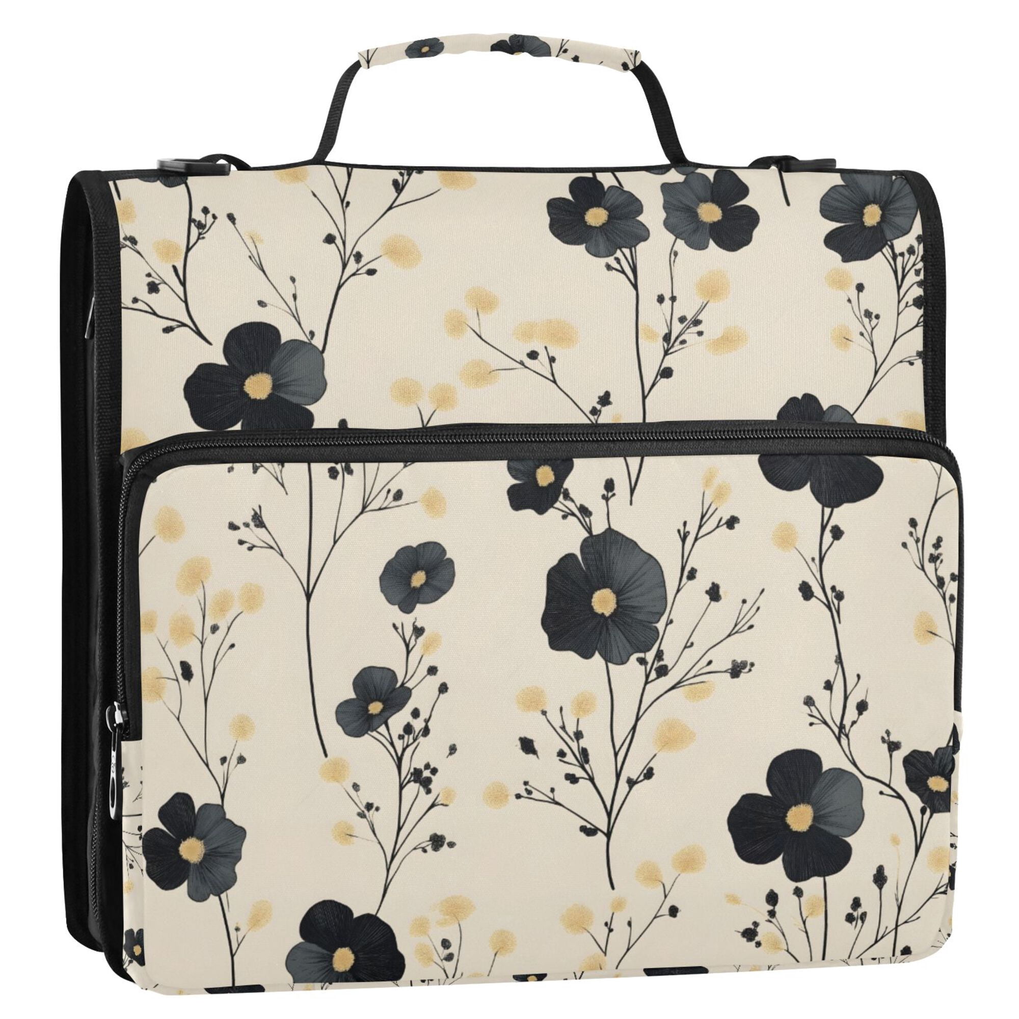 FORMRS Zipper Binder with Shoulder Strap 2-inch Ring 500 Sheet Capacity File Bag, Small Black Flowers