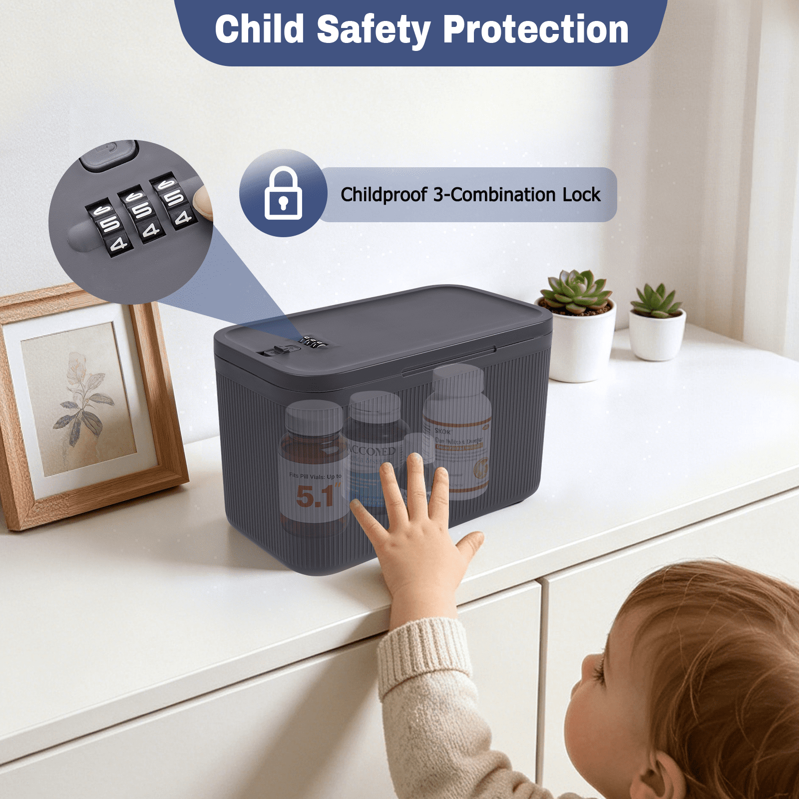 Locbbi Small Lock Box for Medication with Code, Upgrade Plus Size Medicine Lock Box with 3 Combination Locks, BPA-Free Plastic Lockable Storage Bin for Phone, Snack, Fridge, Home, Office, School