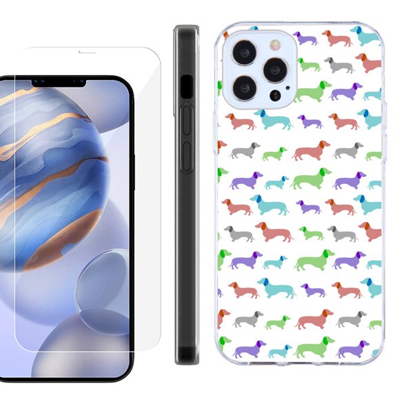 Slim Fit Protective Phone Case for Apple iPhone 12 / iPhone 12 Pro, with Tempered Glass Screen Protector, by OneToughShield ® - Colorful Dachshund/Puppy