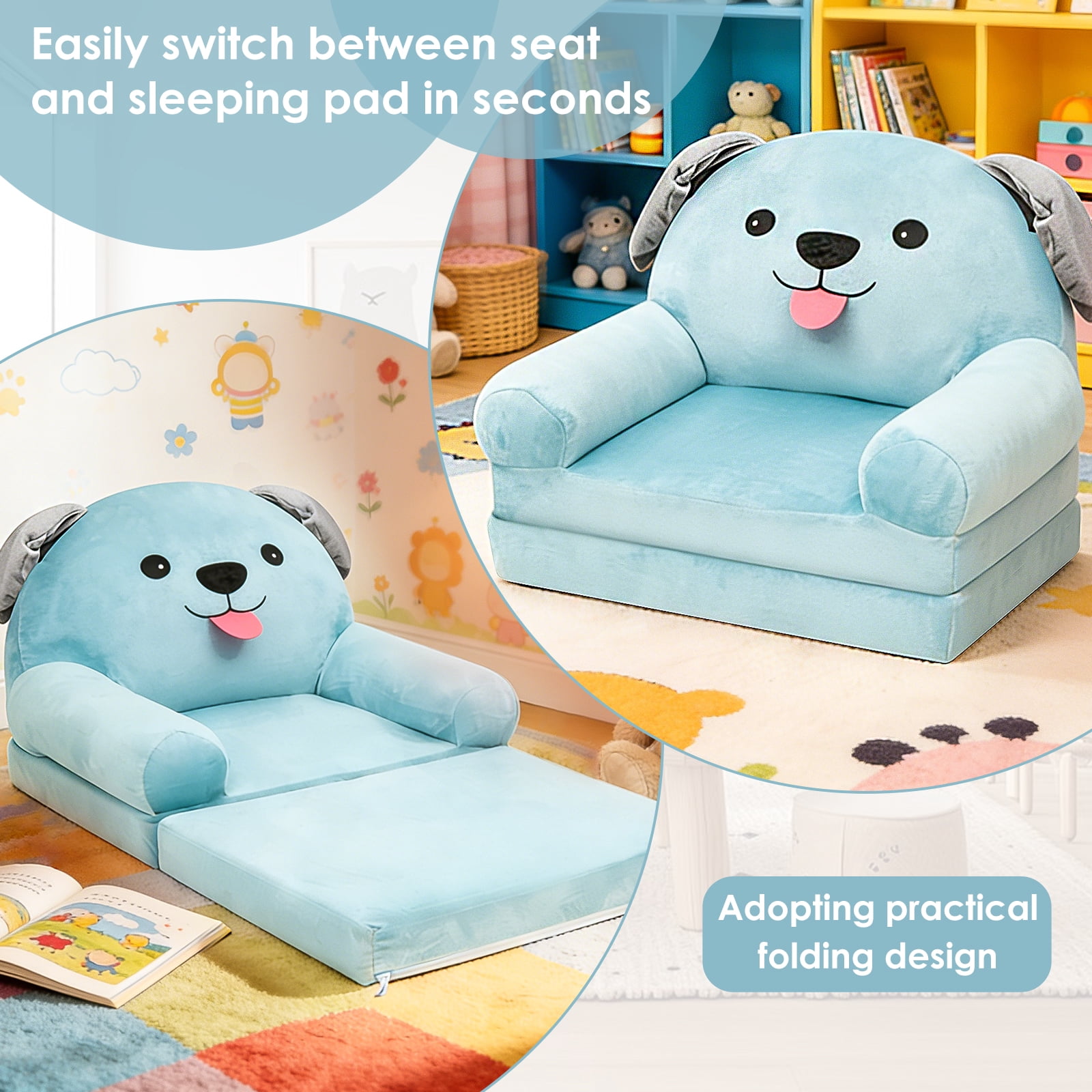 Dznils Toddler Sofa Chair, 2-in-1 Soft Foam Flip Open Kids Couch Lounger Comfy, Ages 1+, Blue Dog