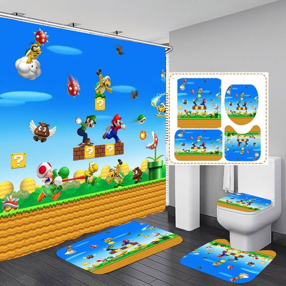 Super Mario Shower Curtain 72" x 72" Bathroom 4 Pieces Set Bathroom Decor