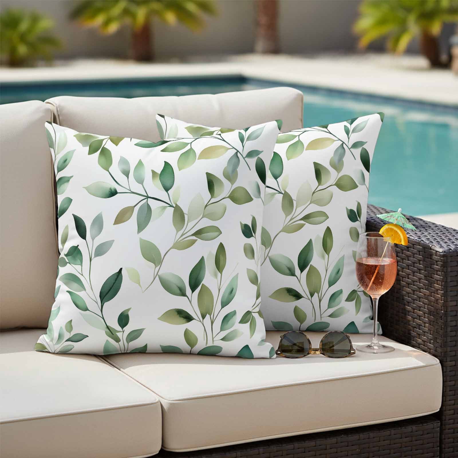 Sage Green Eucalyptus Leaf Pillow Covers 2 Pack Green Leaves Pillowcase Waterproof Outdoor Throw Pillow Cover for Patio Garden Square Cushion 18”x18”