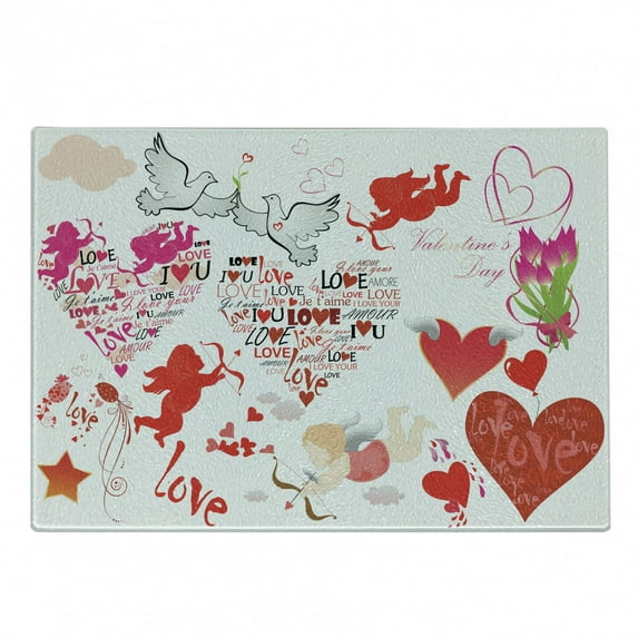 Love Cutting Board, Pattern of Valentines Day Themed Cupid Silhouettes with Hisrrowsnd Love Birds, Decorative Tempered Glass Cutting and Serving Board, Small Size, Multicolor, by Ambesonne