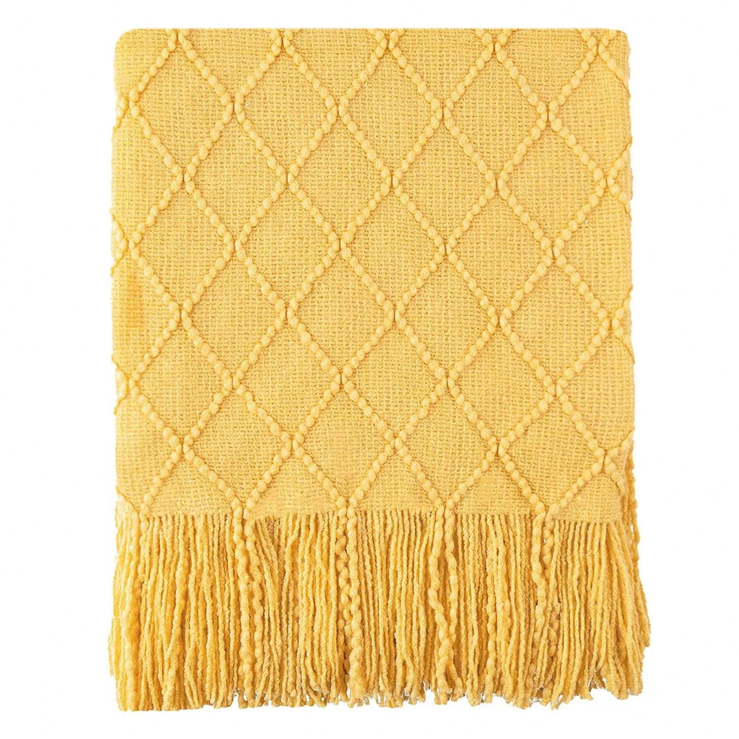 Battilo Mustard Throw Blanket for Couch,Gold Yellow Knit Throw with Fringe,Outdoor Throw ,50"x60"