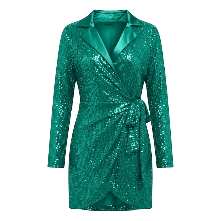 Dpjklzsn Women's Sequin Blazer Mini Dress with Notched Lapel, Long Sleeves, Wrap Front and Self Tie Waist