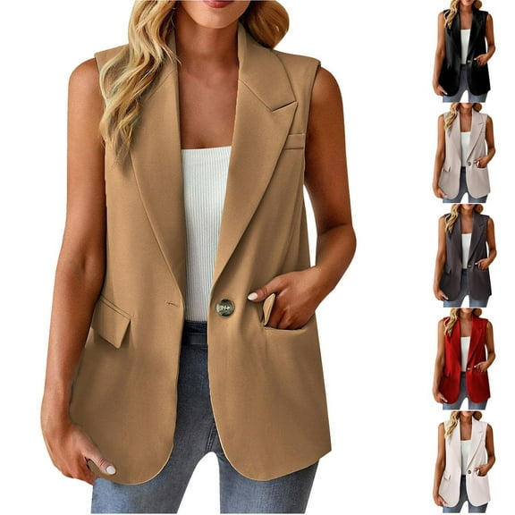 Lovskoo Women's V Neck Sleeveless One Button Open Front Blazer Vest Business Jacket Casual Waistcoat Black