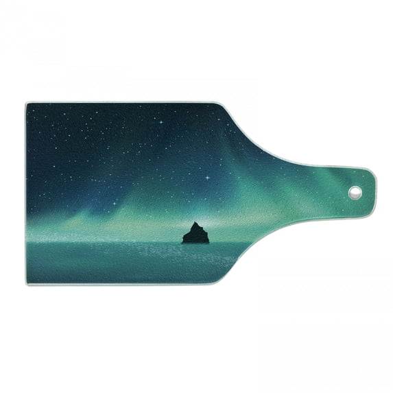 Astral Cutting Board, Aurora Borealis Sky and Landscape of a Single Rock, Decorative Tempered Glass Cutting and Serving Board, in 3 Sizes, by Ambesonne