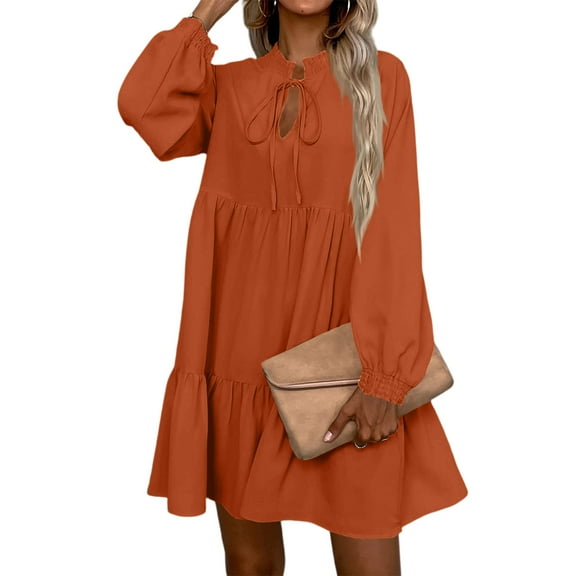 WTOBBY Women's Fall Long Sleeve Maxi Dress V-Neck Hollow Out Eyelet A-Line Casual Party Dresses with Layered Hem Detail for Autumn Season,Orange L